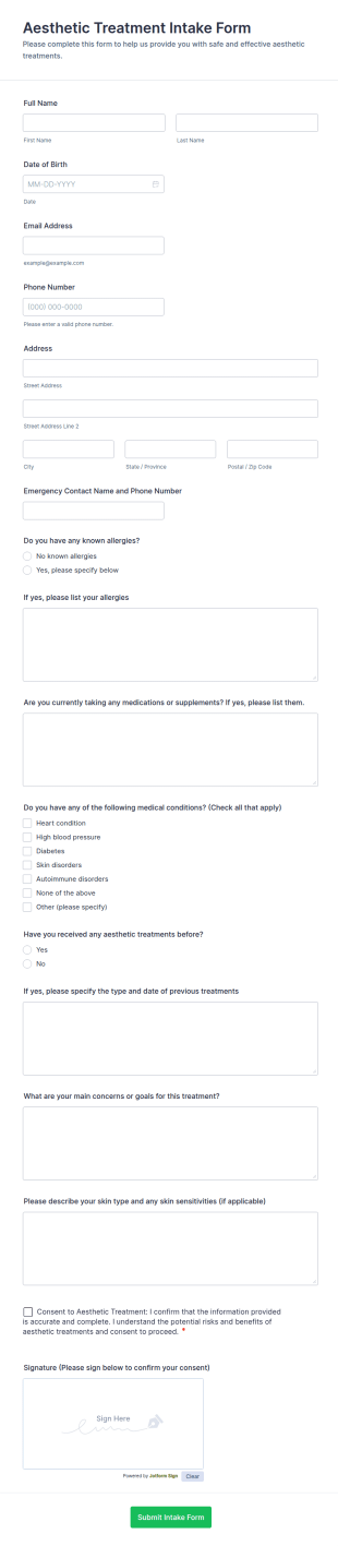 Aesthetic Treatment Intake Form Template