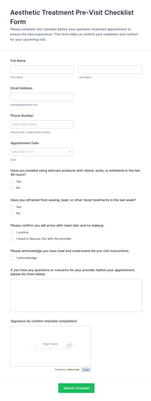 Aesthetic Treatment Pre Visit Checklist Form Template