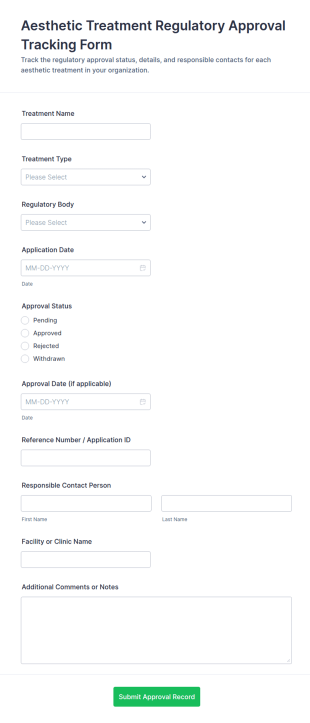Aesthetic Treatment Regulatory Approval Tracking Form Template