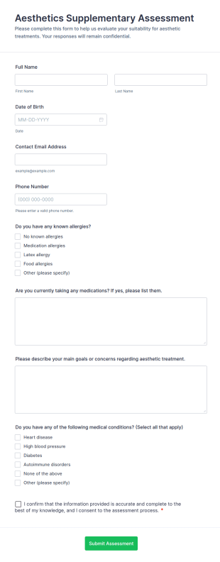 Aesthetics Supplementary Assessment Form Template
