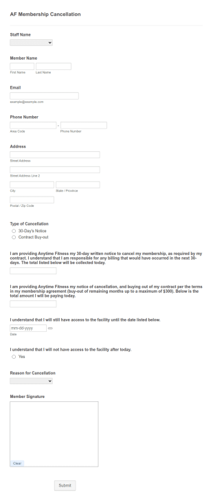 AF Membership Cancellation Form Template