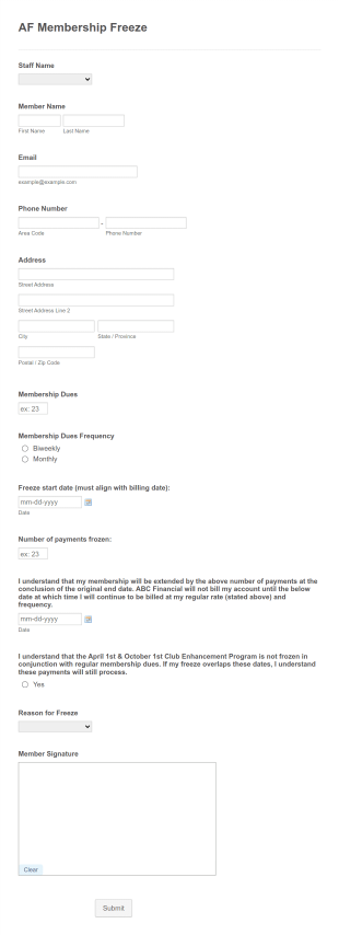 AF Membership Freeze Form Template