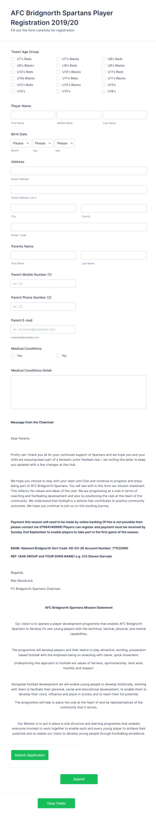 Youth Football Player Registration Form Template
