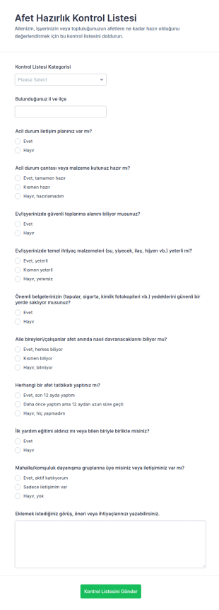 Afet Hazırlık Kontrol Listesi Form Şablonu