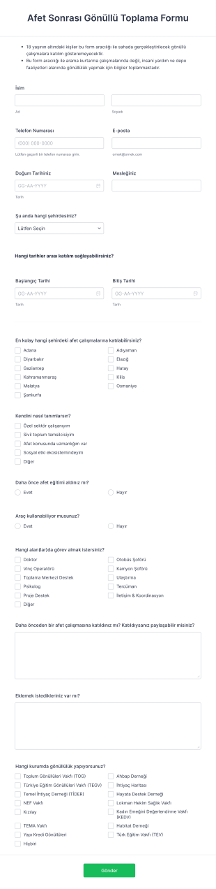 Afet Sonrası Gönüllü Toplama Form Template