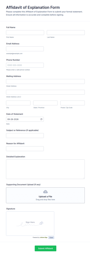 Affidavit Of Explanation Form Template
