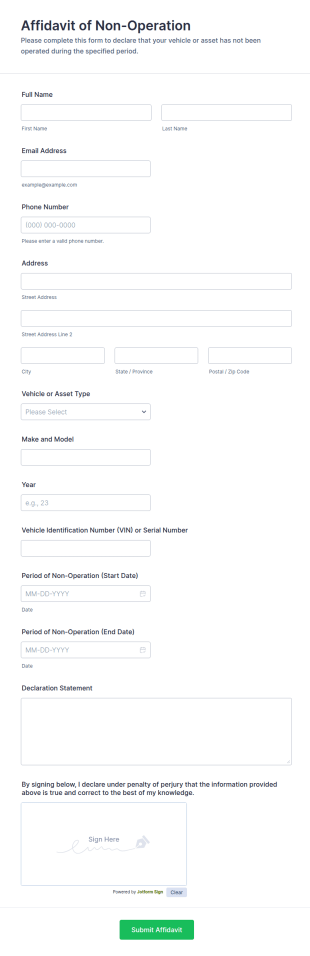 Affidavit Of Non Operation Form Template