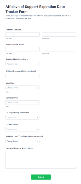 Affidavit Of Support Expiration Tracker Form Template