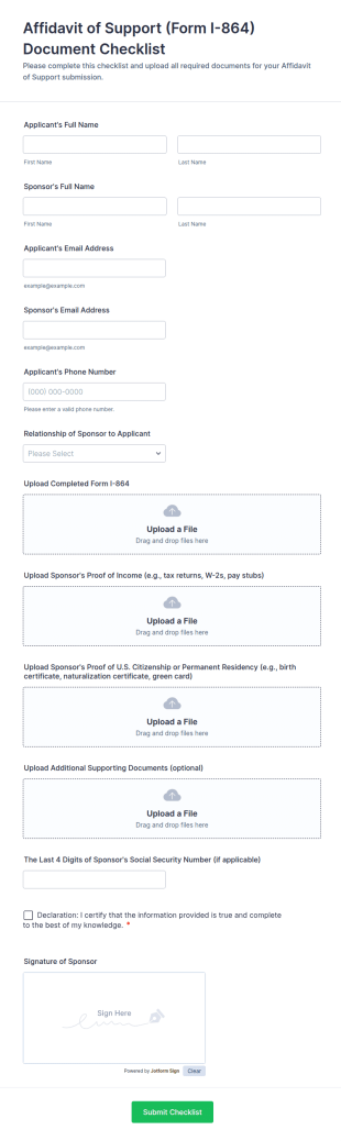 Affidavit Of Support (Form I 864) Document Checklist Form Template