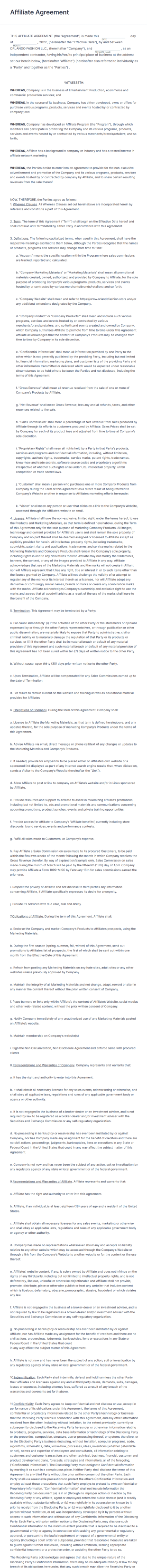 Fashion Affiliate Agreement Form Template