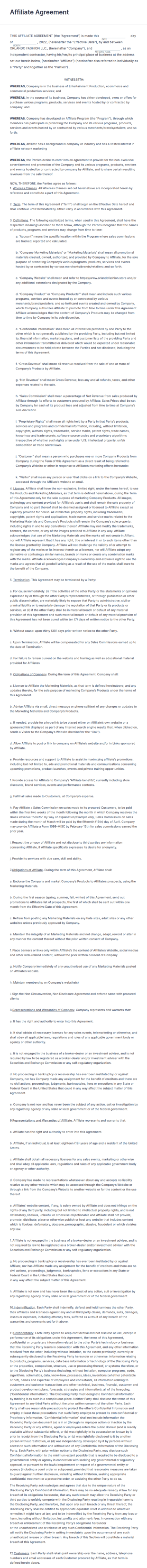 Fashion Affiliate Agreement Form Template
