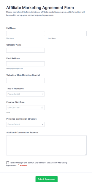 Affiliate Marketing Agreement Form Template