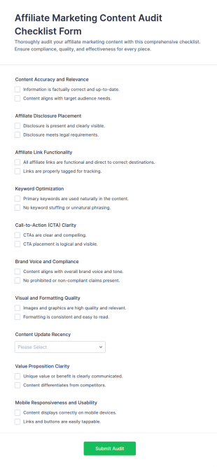 Affiliate Marketing Content Audit Checklist Form Template