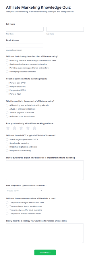 Affiliate Marketing Knowledge Quiz Form Template