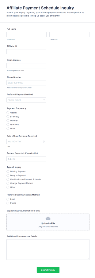 Affiliate Payment Schedule Inquiry Form Template