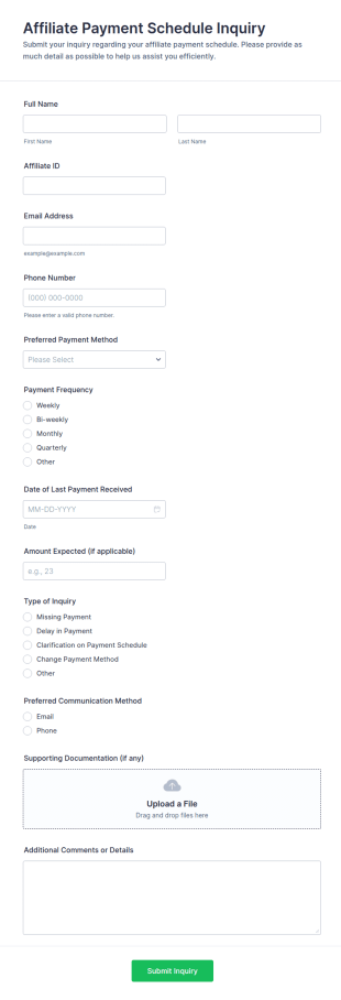 Affiliate Payment Schedule Inquiry Form Template