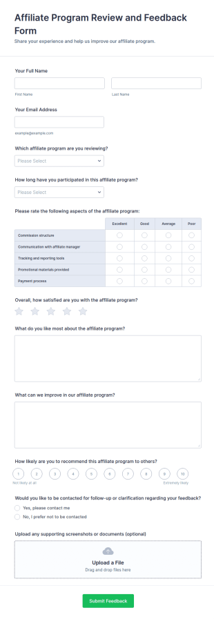 Affiliate Program Review And Feedback Form Template