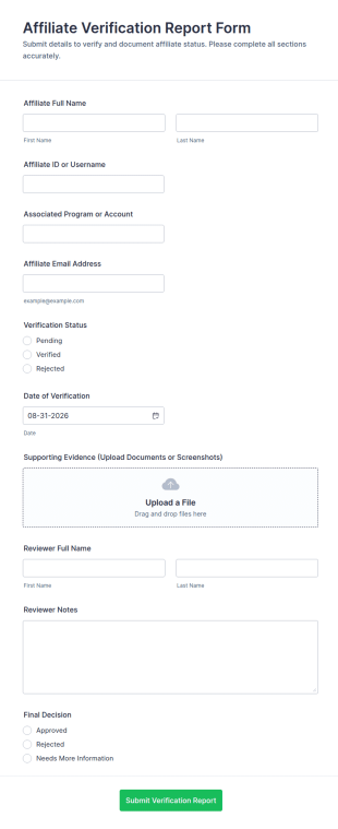 Affiliate Verification Report Form Template