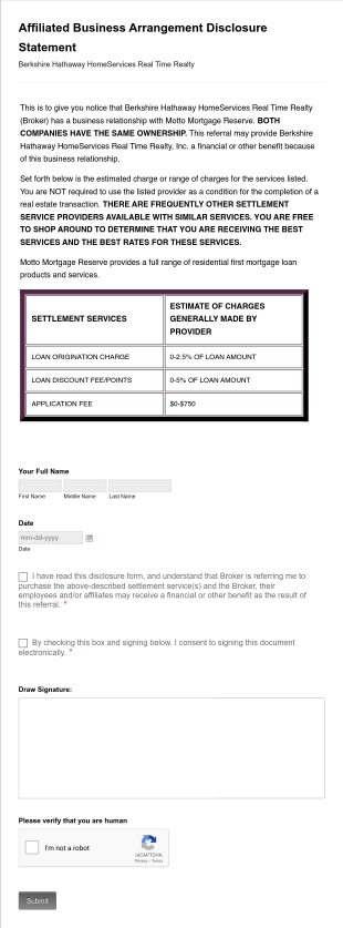Affiliated Business Arrangement Disclosure Statement For Lenders Of Motto Mortgage Reserve Form Template