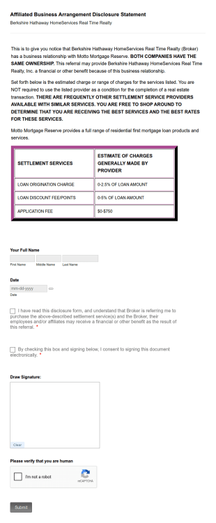 Affiliated Business Arrangement Disclosure Statement For Lenders Of Motto Mortgage Reserve Form Template