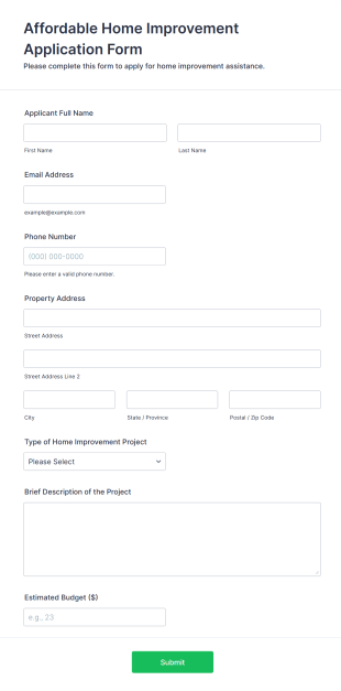Affordable Home Improvement Application Form Template