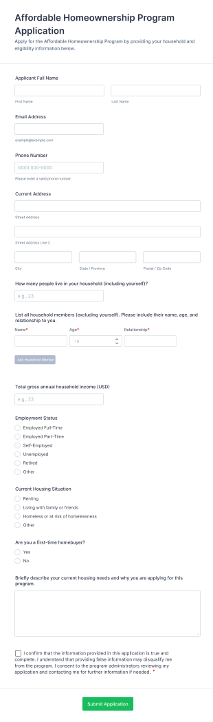 Affordable Homeownership Program Application Form Template