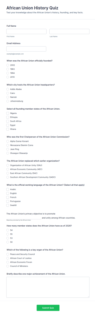 African Union History Quiz Form Template