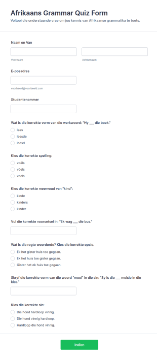Afrikaans Grammar Quiz Form Template