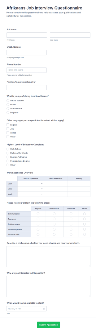 Afrikaans Job Interview Questionnaire Form Template