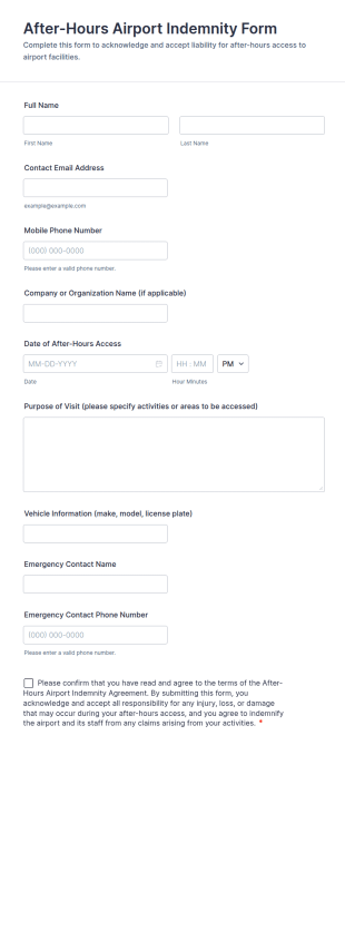 After Hours Airport Indemnity Form Template