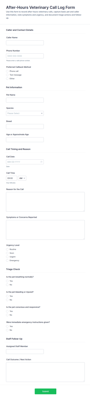 After Hours Veterinary Call Log Form Template
