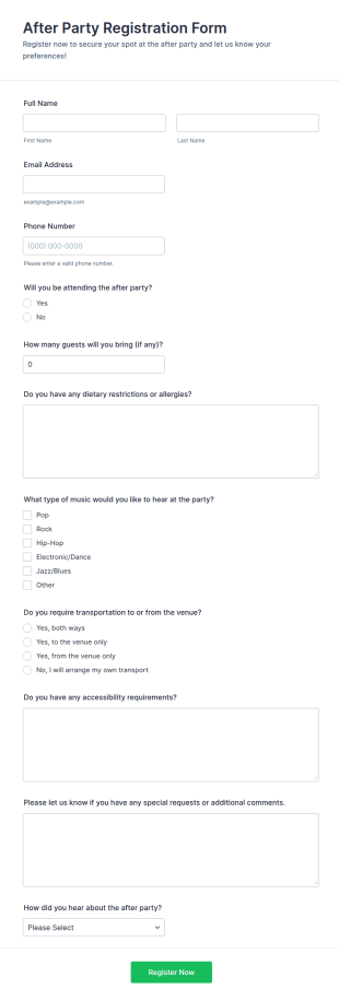After Party Registration Form Template
