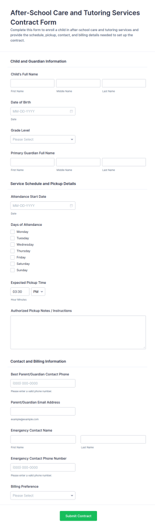 After School Care And Tutoring Contract Form Template