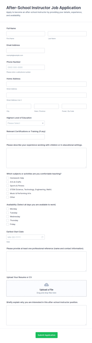 After School Instructor Job Application Form Template