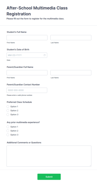 After School Multimedia Class Registration Form Template