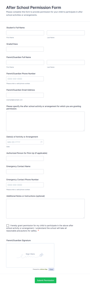 After School Permission Form Template