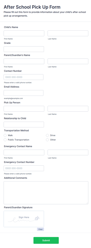 After School Pick Up Form Template
