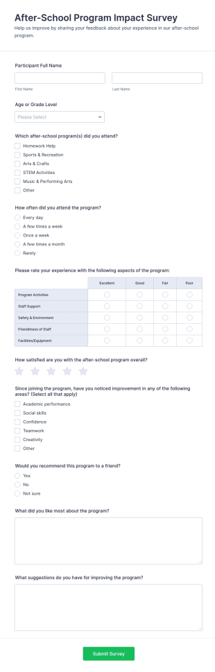 After School Program Impact Survey Form Template