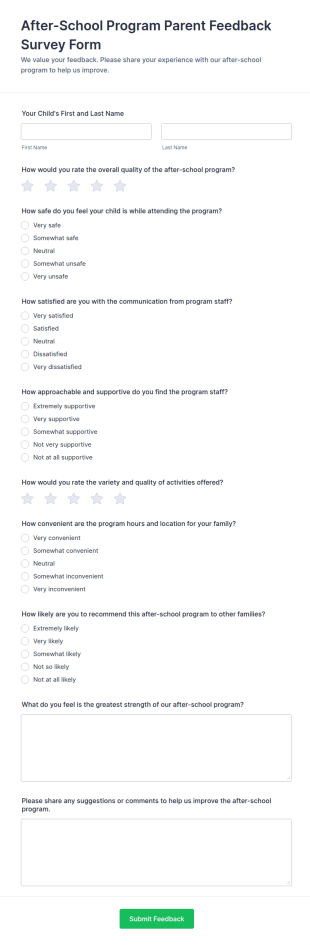 After School Program Parent Feedback Survey Form Template