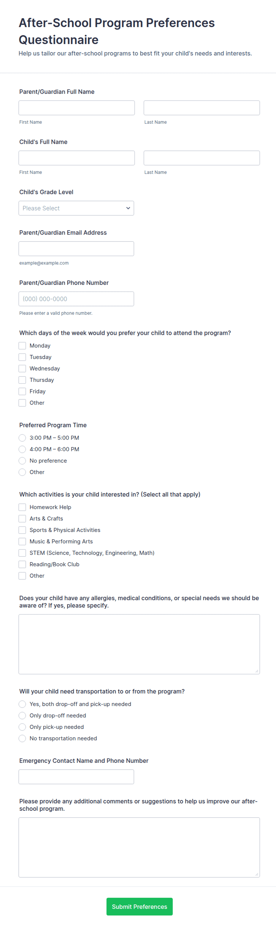 After-School Program Preferences Questionnaire Form Template | Jotform