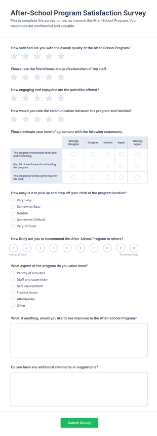 After School Program Satisfaction Survey Form Template