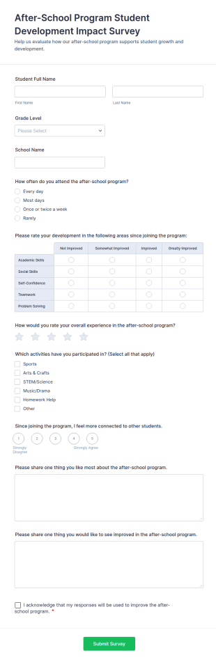 After School Program Student Development Impact Survey Form Template