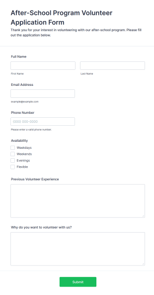 After School Program Volunteer Application Form Form Template