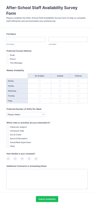After School Staff Availability Survey Form Template