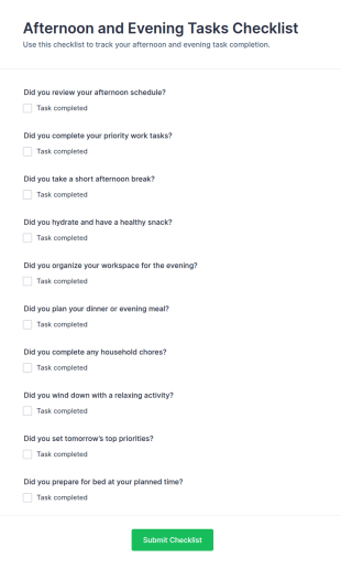Afternoon And Evening Tasks Checklist Form Template