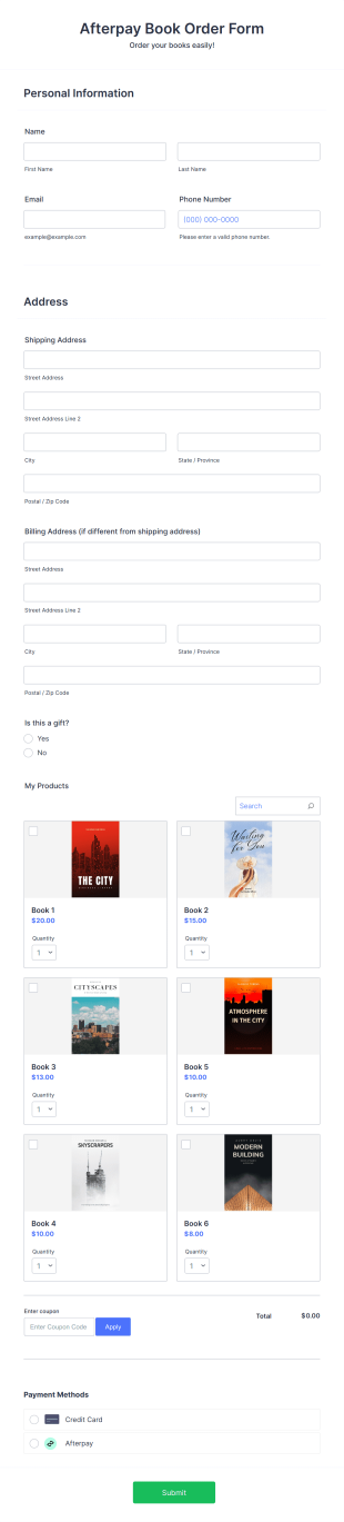 Afterpay Book Order Form Template