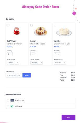 Afterpay Cake Order Form Template