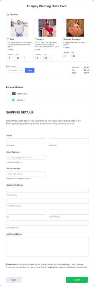 Afterpay Clothing Order Form Template