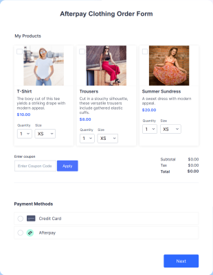Afterpay Clothing Order Form Template