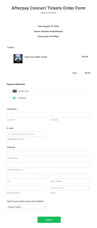 Afterpay Concert Tickets Order Form Template